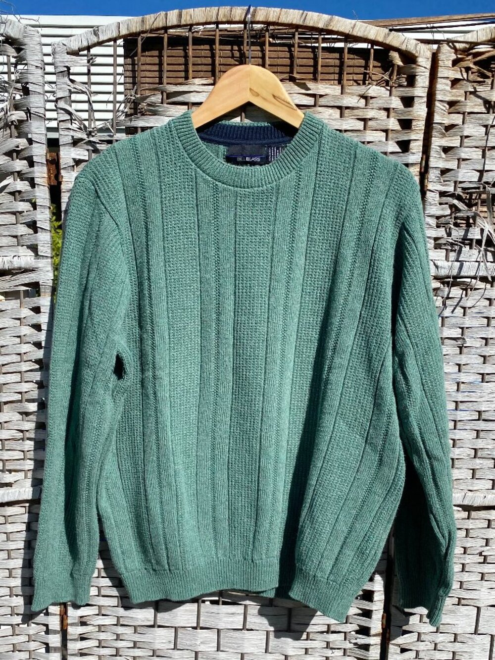Vintage Bill Blass Crewneck Sweater Ribbed Cable Knit Sage Green Large